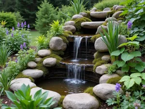 English Garden Water Feature - A traditional stone water feature surrounded by moisture-loving plants including astilbe, hostas, and Japanese iris, with water trickling over moss-covered stones