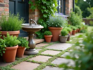 Herb Garden Terrace - Close-up of a traditional English cottage patio with terracotta pots filled with herbs, thyme growing between flagstones, and an antique sundial as a focal point