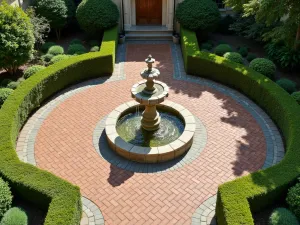 Heritage Brick Patio - Aerial view of a formal English cottage patio with herringbone brick pattern, surrounded by box hedging and featuring a central stone fountain with cottage garden overflow