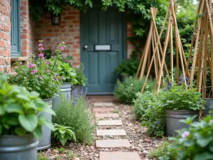 Cottage Kitchen Garden - Close-up of a rustic patio area with raised herb beds, vintage zinc containers, and climbing sweet peas on bamboo tepees, adjacent to a cottage kitchen door