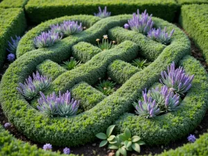 English Knot Garden - Close-up view of an intricate knot garden design with interweaving patterns of lavender, sage, and thyme, bordered by neat box hedging