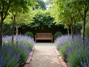 Lavender Walk Patio - Wide angle view of a gravel and brick patio path lined with lavender bushes, leading to a wooden garden bench backed by espaliered pear trees