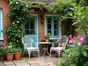 Morning Glory Breakfast Patio - Intimate morning scene of a small English cottage patio with climbing morning glories, vintage metal chairs, and bee-friendly cottage garden plants in terracotta pots