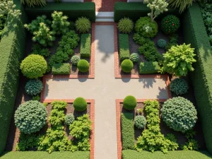 Potager Patio Garden - Aerial view of a geometric patio design mixing ornamental and edible plants, with espaliered fruit trees, standard roses, and herbs in a formal pattern with gravel paths