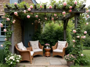 Rose-Covered Retreat - Wide angle view of a romantic English cottage patio with climbing David Austin roses framing a weathered wooden pergola, with comfortable wicker furniture and vintage cushions