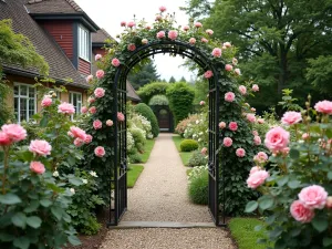 English Rose Garden Entry - Wide-angle view of a front garden dominated by climbing and shrub roses in soft pink and white tones, with a wrought iron arch and gravel path leading to the house