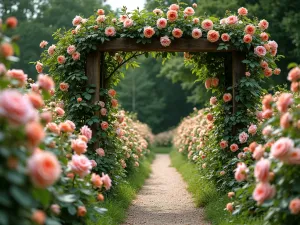 English Rose Garden Path - A romantic garden path lined with blooming David Austin roses in shades of pink and peach, with a rustic wooden arch covered in climbing roses