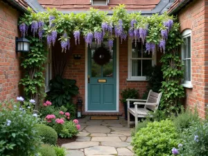 Secret Garden Nook - Aerial view of an intimate English cottage patio corner enclosed by brick walls, featuring a wrought iron arbor covered in wisteria, with mixed cottage perennials and a rustic wooden bench