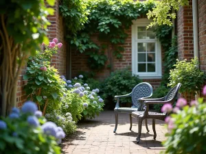 Cottage Shade Garden - Close-up view of a shaded patio corner with vintage metal chairs, surrounded by hostas, astilbe, and climbing hydrangea on old brick walls