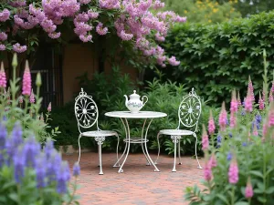 Cottage Garden Tea Patio - Intimate view of a circular brick patio surrounded by foxgloves and delphiniums, featuring a classic wrought iron bistro set and vintage teapot with climbing clematis overhead