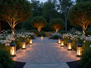 Twilight Cottage Garden - Evening scene of a circular patio with vintage-style solar lanterns, surrounded by white flowering plants like nicotiana and evening primrose for night fragrance