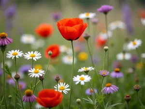 English Wildflower Meadow - Close-up of a naturalistic English meadow garden with native wildflowers including poppies, cornflowers, and ox-eye daisies swaying in the breeze