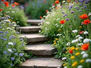 English Wildflower Garden Path - Close-up view of a naturalistic front garden path with wildflowers including cornflowers, poppies, and Queen Anne's lace spilling onto weathered stone steps, creating a romantic cottage atmosphere