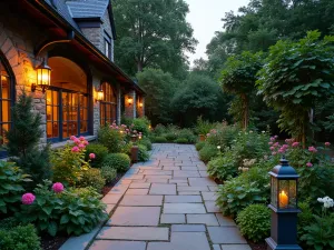 Woodland Edge Patio - Natural stone patio at twilight with overflowing cottage garden borders, featuring digitalis, hardy geraniums, and ferns, lit by traditional copper lanterns