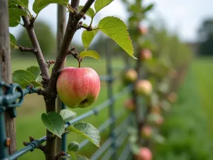 Espaliered Fruit Tree Fence - Close-up of espaliered apple trees trained along wire fence system, creating living boundary