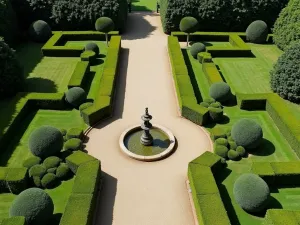 Formal Box-Lined Gravel Path - Aerial view of a symmetrical gravel garden path lined with meticulously trimmed boxwood hedges, leading to a classical fountain in an English formal garden