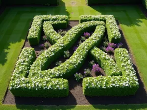 Formal Box Parterre - Symmetrical box hedging creating an intricate knot garden pattern, filled with white alyssum and purple salvia, viewed from above