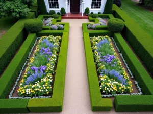 Formal English Border Garden - Aerial view of a symmetrical front yard featuring perfectly manicured box hedges framing colorful perennial borders with delphiniums, lupins, and phlox. Central gravel pathway leads to house entrance