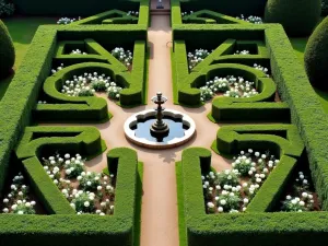 Formal English Box Garden - Aerial view of a symmetrical box parterre garden with meticulously trimmed hedges, featuring a central fountain and geometric patterns filled with white roses