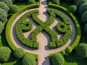 Formal Knot Garden - Aerial view of an intricate knot garden design with box hedging, filled with colored gravel and punctuated with standard bay trees