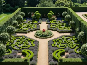 Formal Mini Garden - Aerial view of a small formal garden with clipped box balls, standard roses, and symmetrical lavender borders