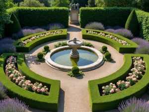 Formal Rose Garden Center - Central circular bed with a classical stone fountain surrounded by concentric rings of Lady of Shalott roses and trimmed lavender hedges, viewed from above