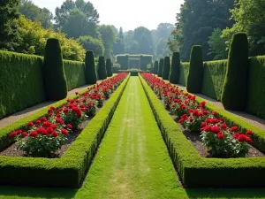 Formal Rose Parterre - Symmetrical parterre garden with perfectly trimmed boxwood hedges framing beds of red Queen Elizabeth roses, viewed from a slight elevation, morning light