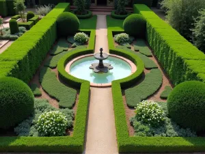 Formal Tea Garden Path - An aerial view of a symmetrical garden path lined with perfectly trimmed boxwood hedges, leading to a circular tea area with a fountain centerpiece, surrounded by flowering chamomile and thyme ground cover