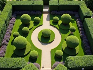 Formal Topiary Display - Aerial view of symmetrical garden design featuring perfectly manicured box topiary in spiral and ball shapes, with gravel paths and low lavender borders