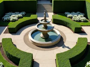 Formal Water Feature - Aerial shot of a circular stone fountain with tiered basins, surrounded by symmetrical box hedging and white flowering perennials