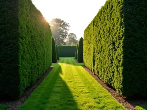 Formal Yew Hedge Border - Perfectly manicured tall yew hedge creating a formal garden boundary, with clipped topiary shapes, wide angle view in evening light