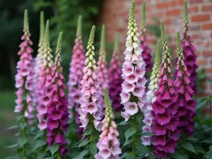 Foxglove and Hollyhock Display - Towering spires of pink and white foxgloves mingled with deep purple hollyhocks against a weathered brick wall, ethereal evening light, shallow depth of field