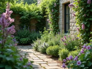 Fragrant Garden Corner - Intimate corner garden featuring highly scented plants including philadelphus, lilacs, and sweet peas climbing on obelisks