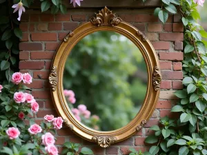 Garden Room Mirror Feature - Vintage gilt mirror mounted on an aged brick wall, reflecting a beautiful garden scene, surrounded by climbing roses and clematis