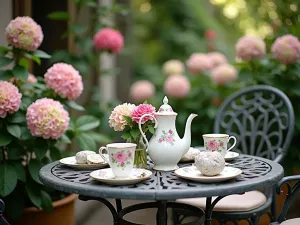 Garden Room Tea Setting - Intimate view of a vintage wrought iron table set for afternoon tea, surrounded by potted hydrangeas and climbing roses, with classic English china