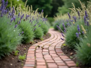 Herb Garden Pathway - Close-up of a narrow brick path winding through a traditional English herb garden, bordered by sage, rosemary, and lavender, with bees buzzing about