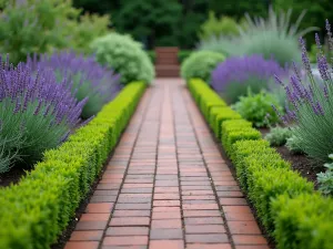 Herb Garden Walkway - Close-up of a formal herb garden walkway with trimmed lavender edges, featuring sage, rosemary, and thyme in geometric patterns, brick path running through the center