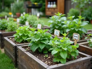 Herb Tea Garden Display - A wide-angle view of raised wooden beds filled with herbal tea plants including mint, lemon balm, and chamomile, with decorative plant markers and a vintage tea trolley displaying dried herbs