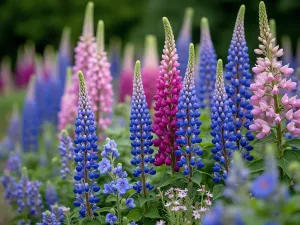 Herbaceous Border Close-up - Detailed close-up of a classic English herbaceous border featuring lupins, foxgloves, and delphiniums in rich purple and blue tones