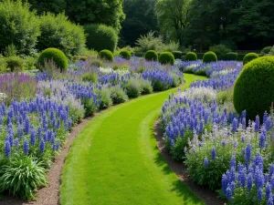 Herbaceous Perennial Border - Wide aerial view of a curved herbaceous border featuring lupins, phlox, and campanula in blues and purples, with structured topiary adding formality