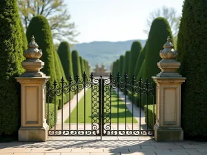 Heritage Estate Iron Railing - Traditional estate-style iron railings with classical finials, backed by formal yew hedge, wide angle view