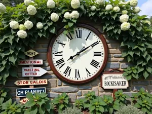 Heritage Garden Clock - Large outdoor clock mounted on old stone wall, surrounded by climbing hydrangea and vintage garden signs, creating a focal point