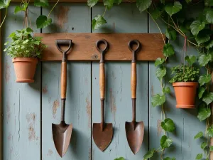 Heritage Garden Tools Display - Close-up of artfully arranged vintage garden tools on a weathered wooden wall, with hanging terracotta pots and trailing ivy