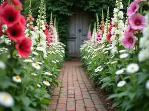 Cottage Garden Hollyhock Path - Close-up perspective of tall hollyhocks and white daisies lining a narrow brick path, with a vintage wooden door visible in the background, creating a quintessential English cottage garden feel