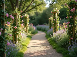 Intimate Rose Garden Path - A winding gravel path through an intimate English garden, lined with climbing roses on wooden obelisks, lavender edges, and scattered cosmos flowers, late afternoon sunlight filtering through