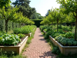 Kitchen Garden Journey - Wide-angle view of a practical brick path between raised vegetable beds and espaliered fruit trees in a traditional English kitchen garden