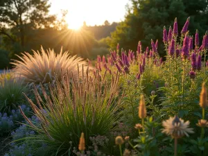 Late Summer Border - Dramatic late summer border featuring tall verbena bonariensis, sedums, and ornamental grasses catching the evening light