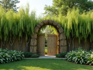 Living Willow Fence Screen - Woven living willow fence creating natural screen, with spring growth, normal perspective