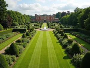 Manor House Garden - Aerial view of a grand English manor house garden with perfectly manicured lawns, topiary specimens, and long herbaceous borders leading to a classical fountain