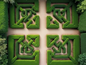 Medieval Knot Garden Path - Aerial view of an intricate medieval-style knot garden with gravel paths between perfectly trimmed herb borders forming traditional patterns